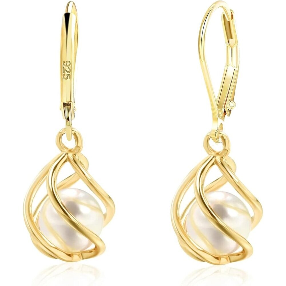 18K Gold Plated Caged Pearl Dangle Earrings for Women Teardrop Jewelry Gift - Picture 3 of 6